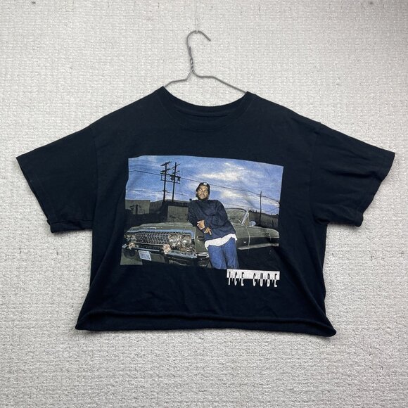 90s Style Ice Cube Graphic Crop Top T-Shirt Wom Sz M Black Distressed Hip Hop - Picture 1 of 12